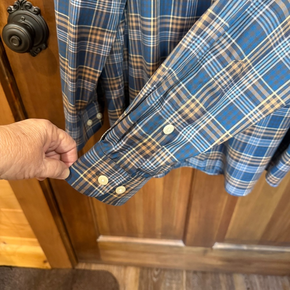 Orvis Mens Blue Tan Plaid Cotton Stretch Long Sleeve Button Down Shirt XL - Picture 4 of 8